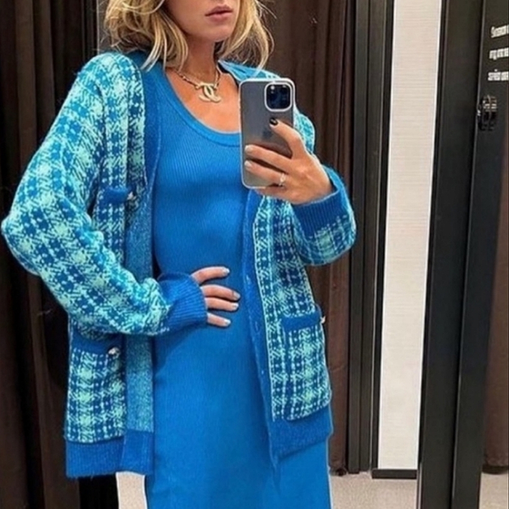 Zara * Plaid Knit Long Cardigan Jacket Blue - Picture 5 of 14